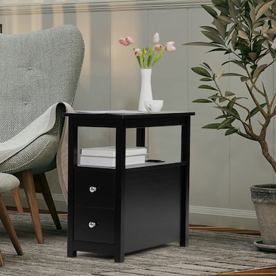 Black End Table with Charging Station, Slim Sofa Side Table, 2 Drawers & Open Shelf for Living Room or Bedroom