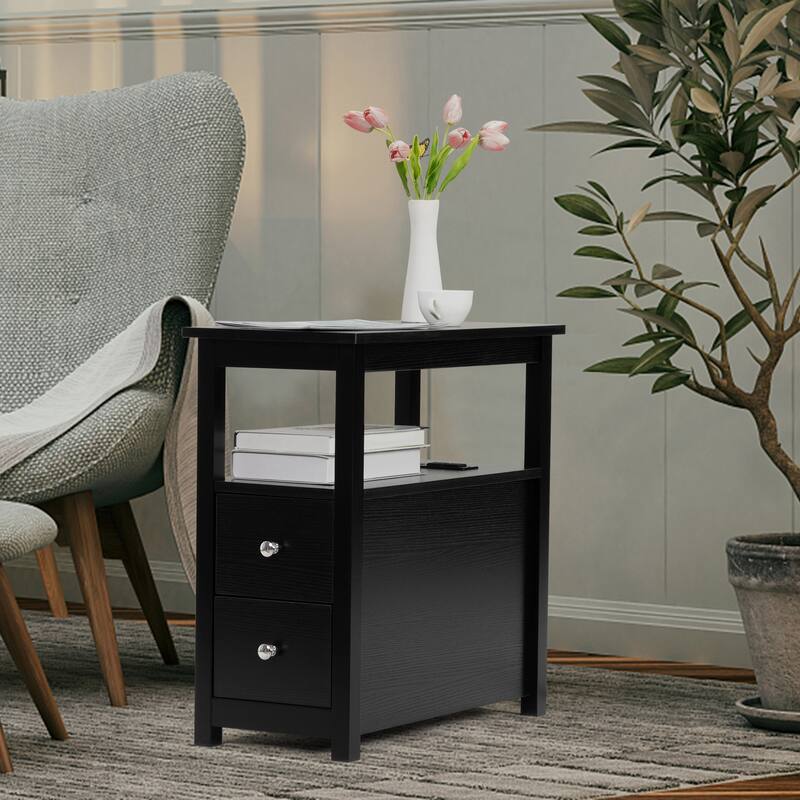 End Table with Charging Station, Narrow Sofa Side Table, Laundry Room Storage Wooden Nightstand Bedroom Furniture, White - Black