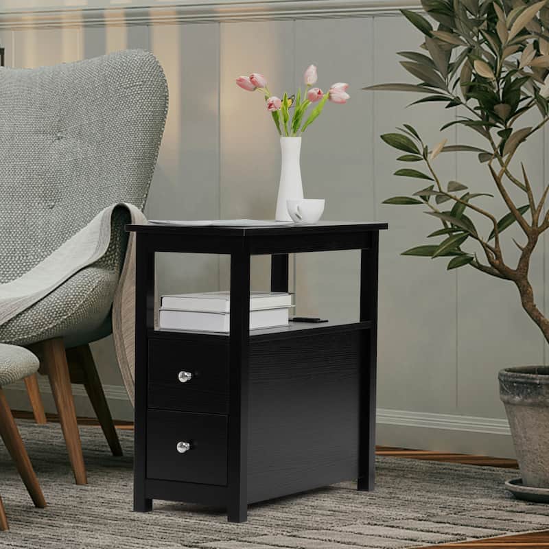 End Table with Charging Station, Narrow Sofa Side Table, Wooden Nightstand, Bedroom Living Room Furniture - Black
