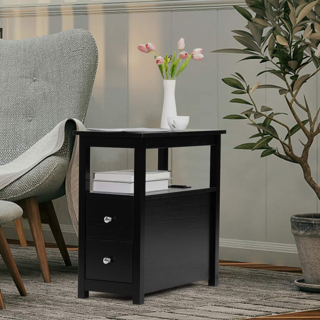 Narrow Wooden Nightstand End Table with Charging Station