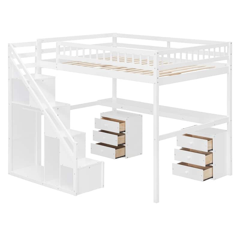 Loft Bed with 2 Chest of Drawers , Integrated Desk, Independent Staircase, Multifunctional Space-Saving Loft Bed for Bedroom