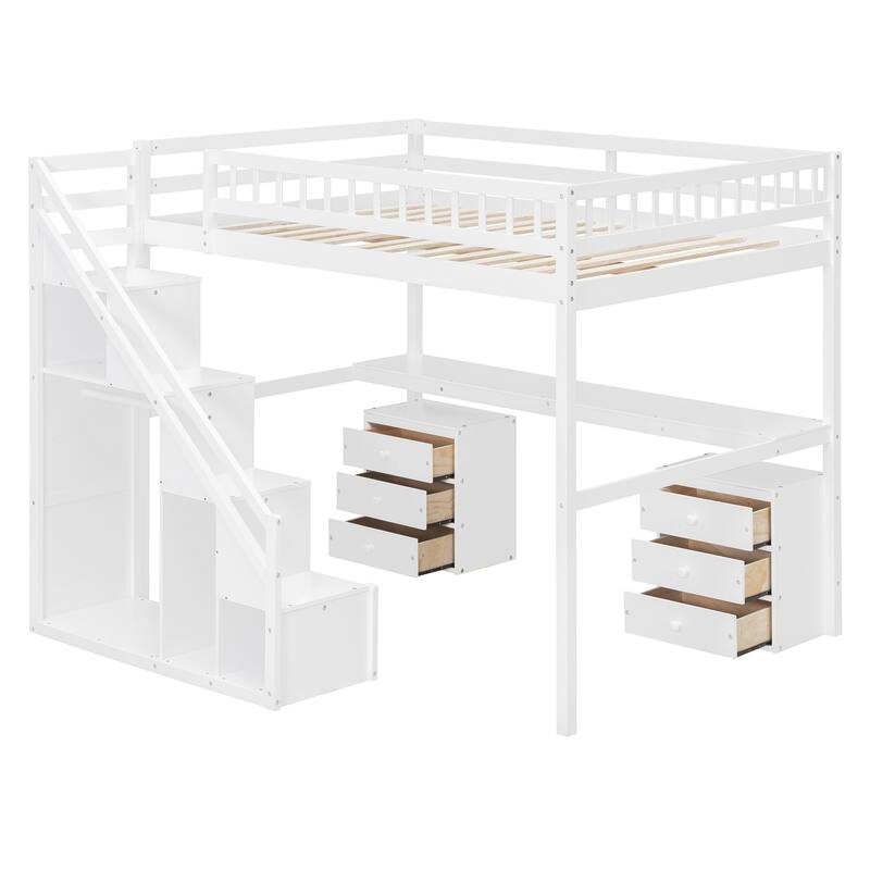 Roomfitters Twin/Full Size Loft Bed with Desk, Two Chests of Storage Drawers and Lighting