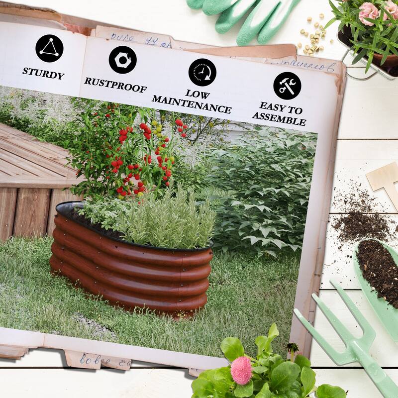 Modern Minimalist Garden Bed with Safety Edging, Easy DIY Stock Tank, for Growing Flowers Herbs Vegetables, Brown - 8' x 10'