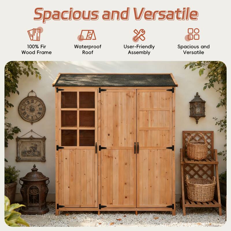 72" Large Patio Garden Shed with Waterproof Roof, Outdoor Storage Cabinet with Workstation & Hooks