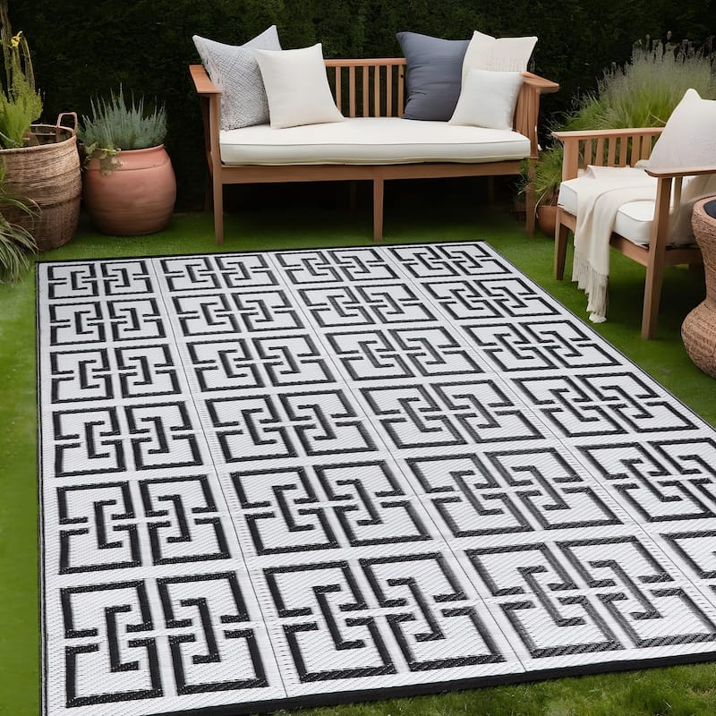 Beverly Rug Geometric Greek Key Outdoor Rug Waterproof for Patio, RV Camping