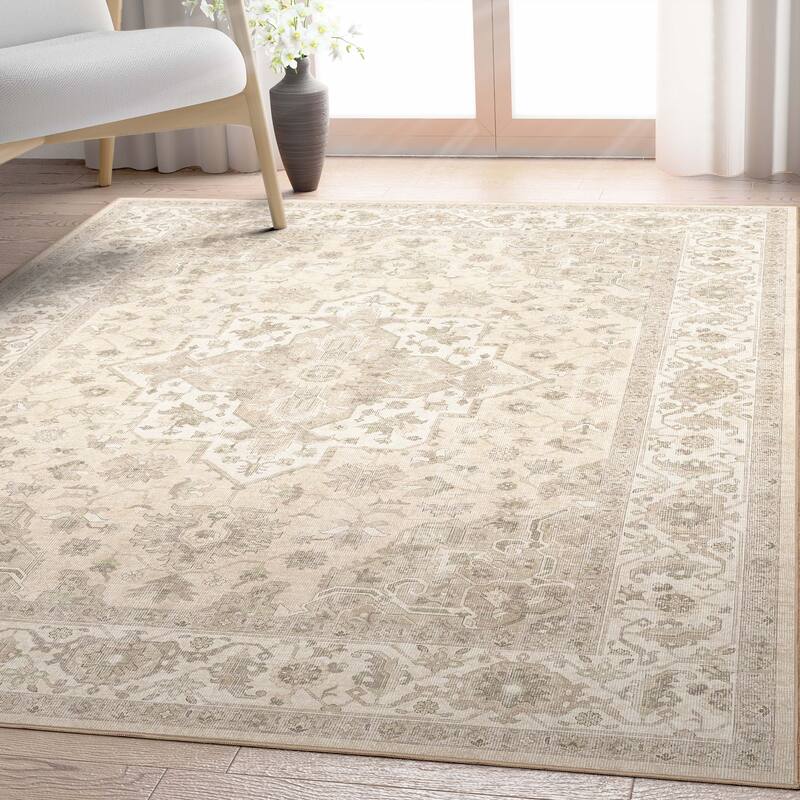 Well Woven Apollo Summit Medallion Orinetal Low Pile Easy Clean Rug - 5'3" x 7'3" - Beige Green