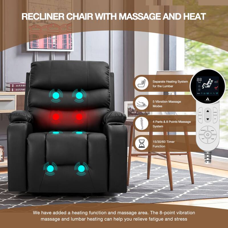 Oversized Power Lift Recliner Chair with Massage & Heat, PU Leather, USB Port, Cup Holders & Pockets