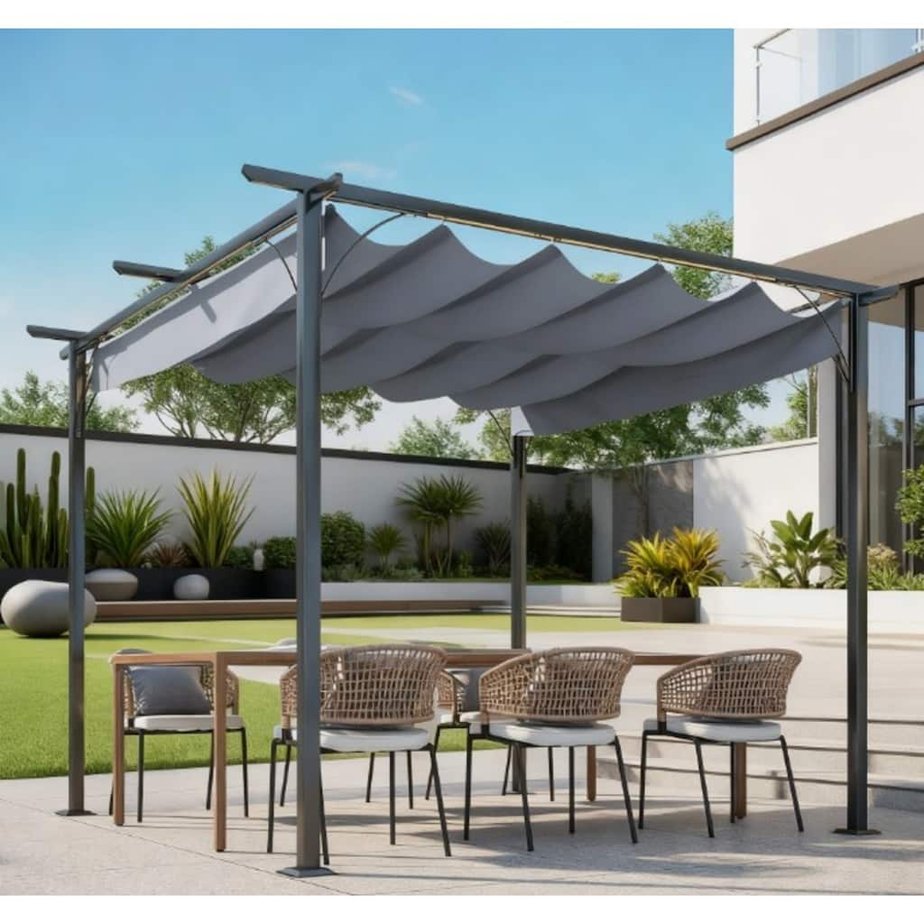 GDFStudio - 9.8' x 9.8' Outdoor Metal Pergola with Retractable Canopy, Steel Frame Patio Shade Shelter & Fabric Roof