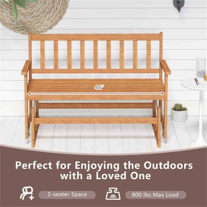 Acacia Wood Outdoor Glider Bench Two Seat Patio Loveseat Smooth Gliding Porch Garden and Backyard Seating - 44" x 26" x 34"