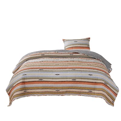 Reversible 2 Piece Twin Size Quilt Set with Stripes Pattern, Multicolor
