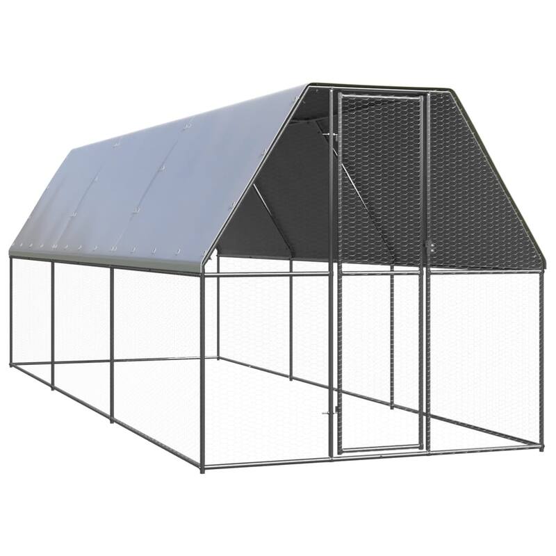 vidaXL Chicken Cage Silver and silver grey Galvanized steel, polyethylene - 6.6' x 19.7' x 6.6'