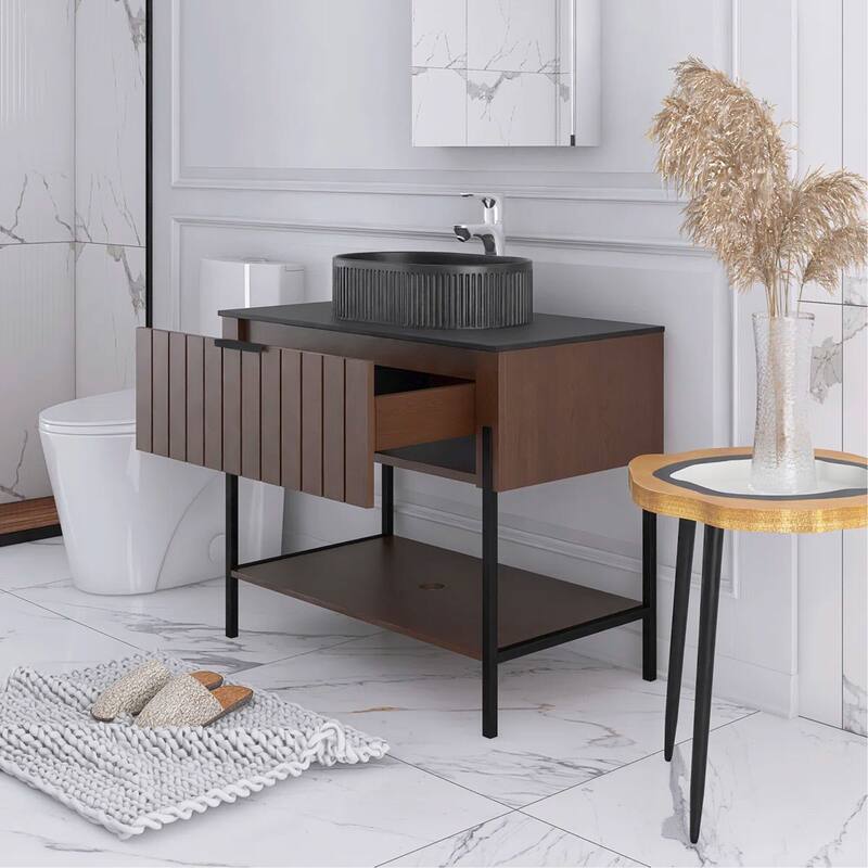 36" Freestanding Bathroom Vanity with Black Ceramic Basin and Open Shelf - 35.83'' x 18.9'' x 33.46''