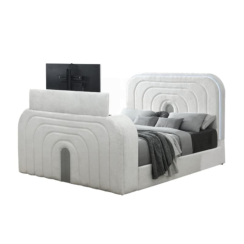 Upholstered LED Queen Bed with Fireplace in White and Chrome - White/Chrome - Queen