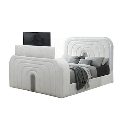 Upholstered LED Queen Bed with Fireplace in White and Chrome