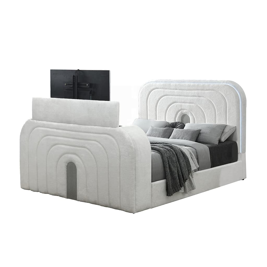 Upholstered LED Queen Bed with Fireplace in White and Chrome