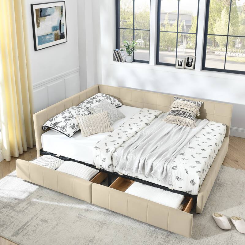 L-shaped Velvet Upholstered Daybed Tufted Sofa Bed with Soft Backrest Armrests - and Optional Corner Storage Day Bed - Beige with Drawers - Queen