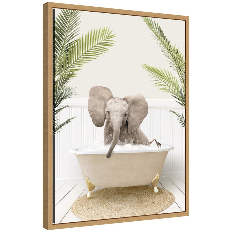 Kate and Laurel Sylvie Baby Elephant 3 in Palms Bathtub Framed Canvas by Amy Peterson - Natural
