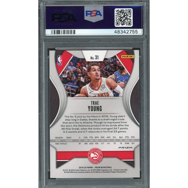 Trae Young 2019 Panini Silver Prizm Basketball Card #31 Graded PSA 10 GEM MINT - 8'6" x 11'6"