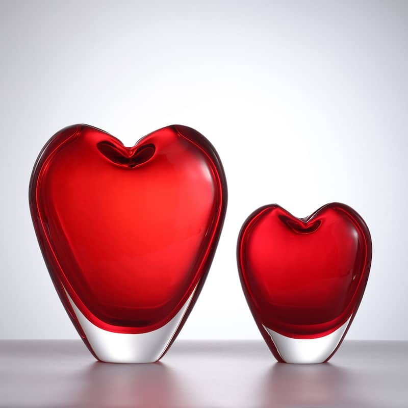 Luxury Lane Hand Blown Red Love Heart Shaped Sommerso Art Glass Vase 7-10 inch tall