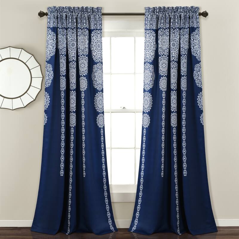 Lush Decor Stripe Medallion Room Darkening Curtain Panel Pair - 52" W X 84" L - Navy & White