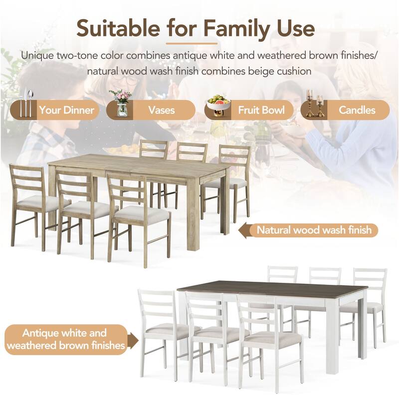 Brown+White 7-Piece Wooden Dining Table Set with 6 Chairs & Extendable Table