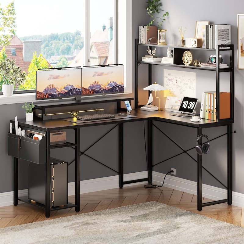 Farmhouse L-shaped Corner Desk with Charging Station, Gaming Table with Hutch and LED Light