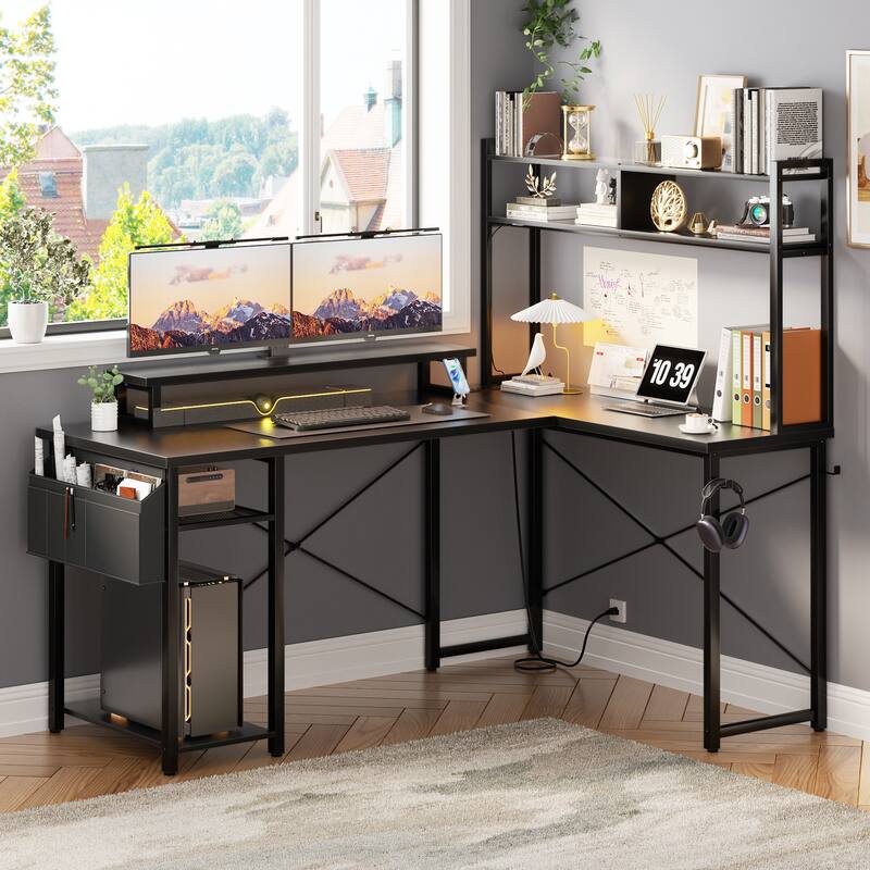 Farmhouse L-shaped Desk with Power Outlet, Gaming Table with Hutch and LED Light - Black