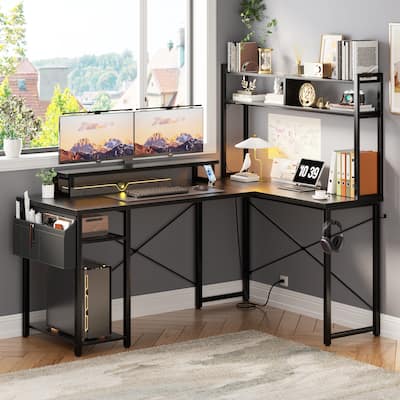 Farmhouse L-shaped Desk with Power Outlet, Gaming Table with Hutch and LED Light
