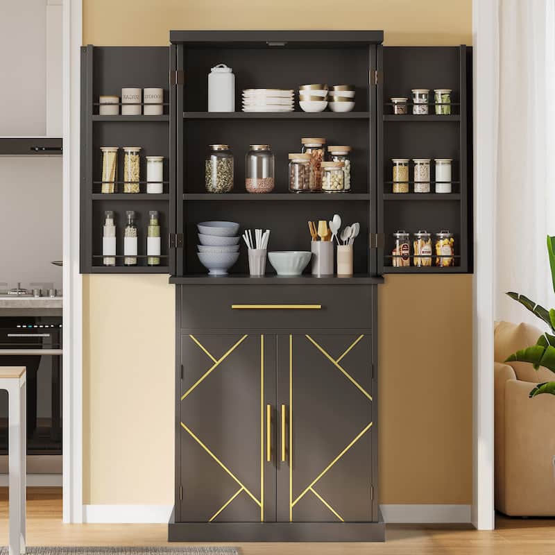 Moasis 72" Tall Kitchen Pantry Storage Cabinet with 4 Door and Drawers - Black