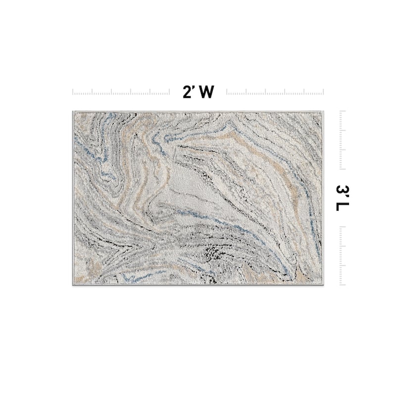 Marble Swirl Distressed Area Rug - Low-Pile Rug for Living Room, Bedroom - Polypropylene/Polyester with Jute Backing