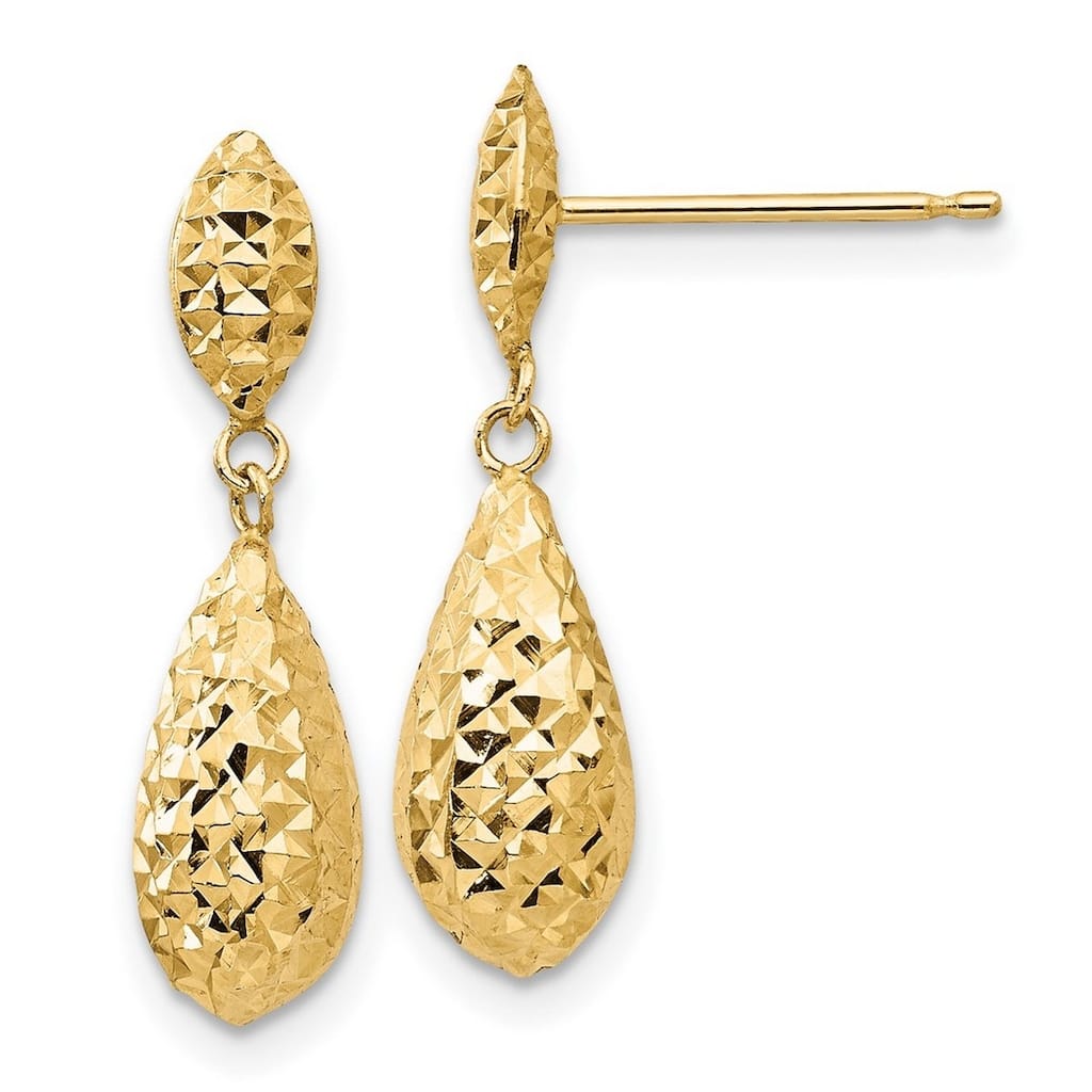 Curata 14k Yellow Gold 22x6mm Diamond-Cut Puff Teardrop Dangle Earrings