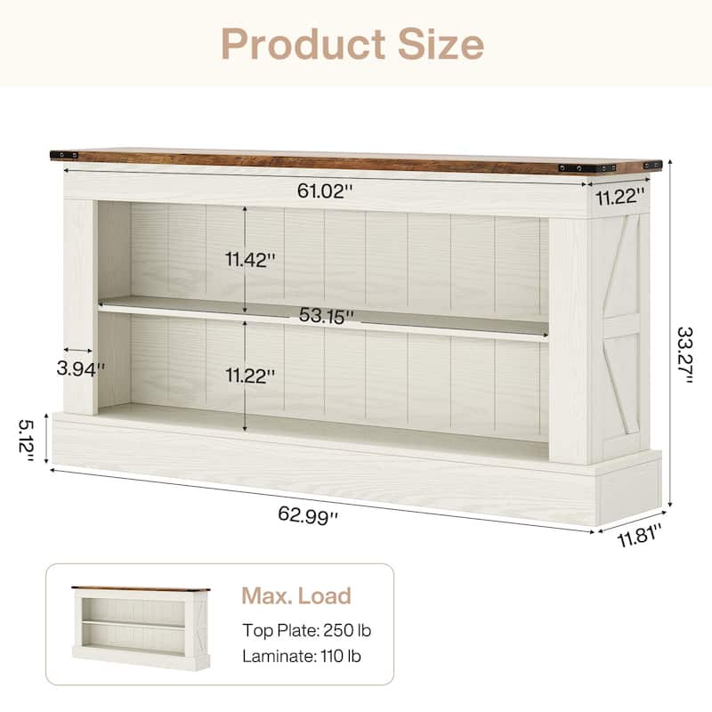 63 Inch Long Console Table with 3 Tiers Storage Shelves for Entryway - 11.81"D x 63"W x 33.3"H