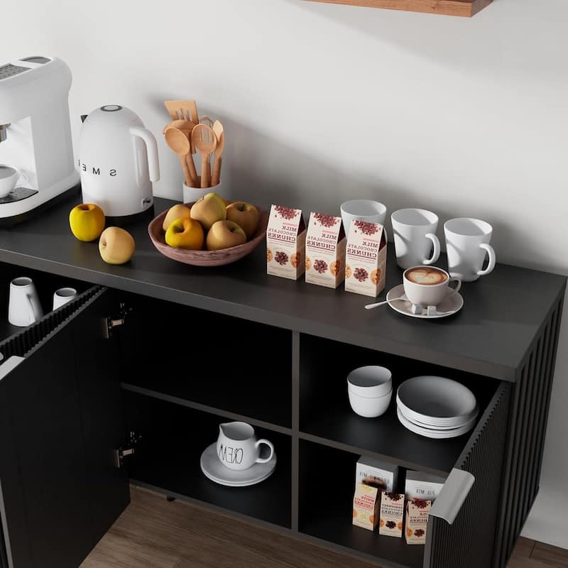 68" Mid-century TV Stand Entertainment Center with Adjustable Shelves 4 Doors & LED Light