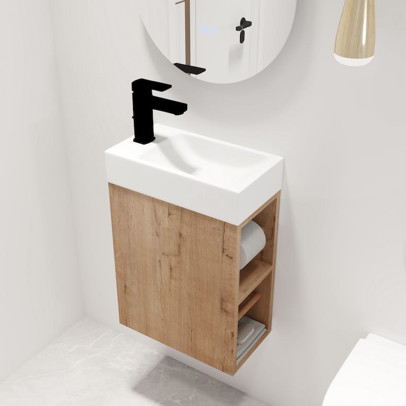 Malwee 16" Floating Bathroom Vanity, Wall Mounted Bathroom Vanity with Resin Sink,Soft Close Door and Side Shelf - Brown