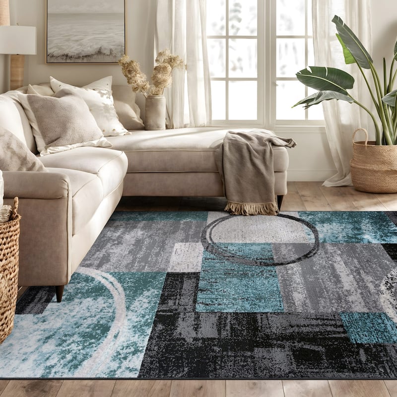 World Rug Gallery Abstract Polypropylene Machine-Made Circle Area Rug - 6'6" x 9' - Blue/Grey