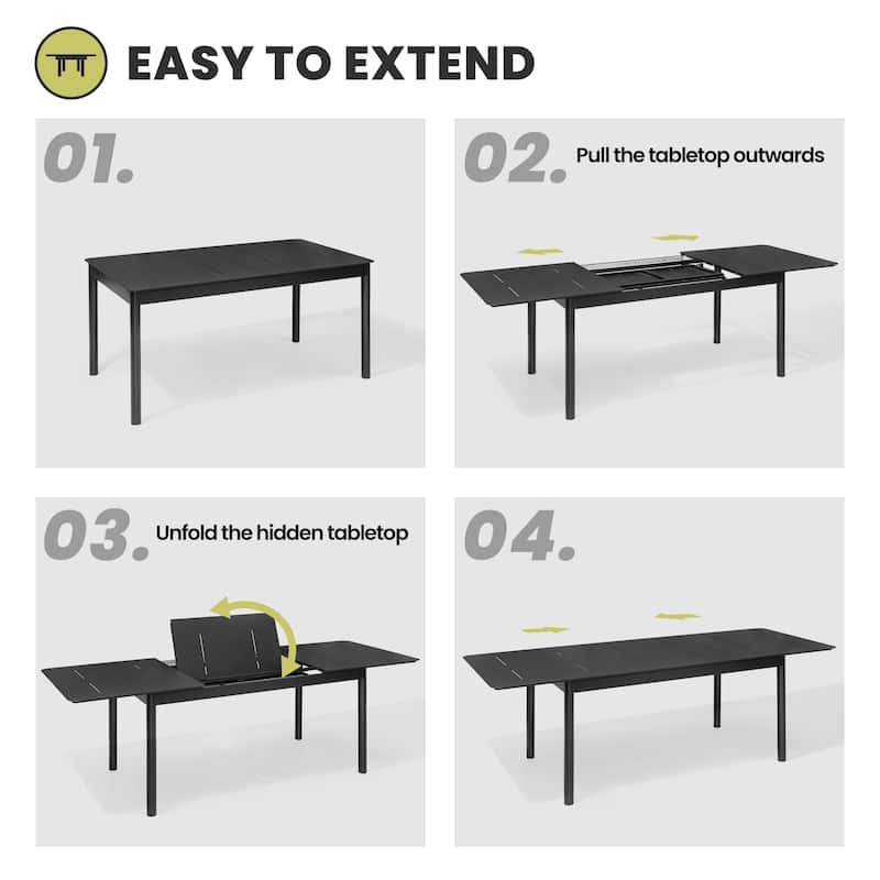 All-aluminum Outdoor Dining Table Extension for 6 or 8 Seats - 63"/94.5" L x 35.43" W x 29.76" H