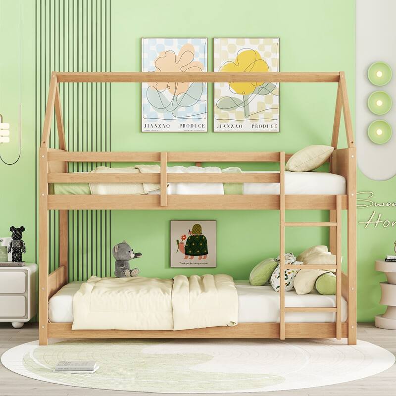 Twin Over Twin House Floor Bunk Bed with Headboards, Footboards, Guardrails, and Ladder, White Oak - White Oak