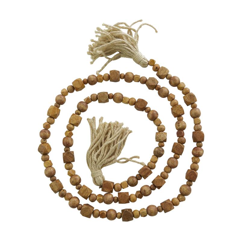 Mango Wood Handmade Hexagon Carved Geometric Long Beaded Garland with Tassel - Roche River Decor - Brown - 80"L