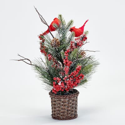 16" Red Berries, Pine, Cardinals, Cones Artificial Christmas Arrangement in a Basket - 16