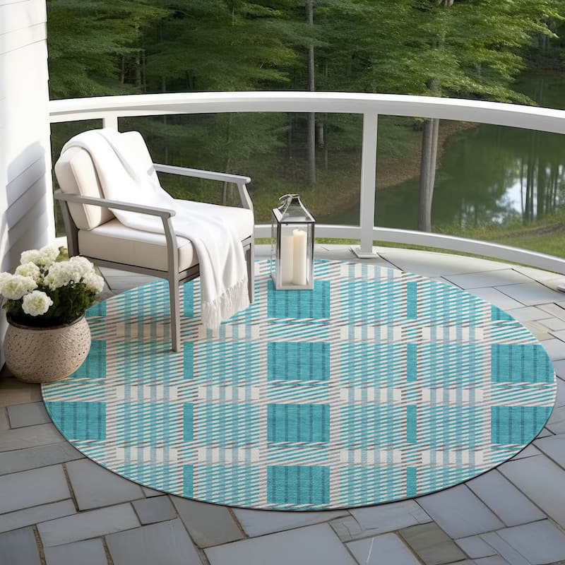 Machine Washable Indoor/ Outdoor Geometric Stripe Chantille Rug - Teal - 8' x 8'
