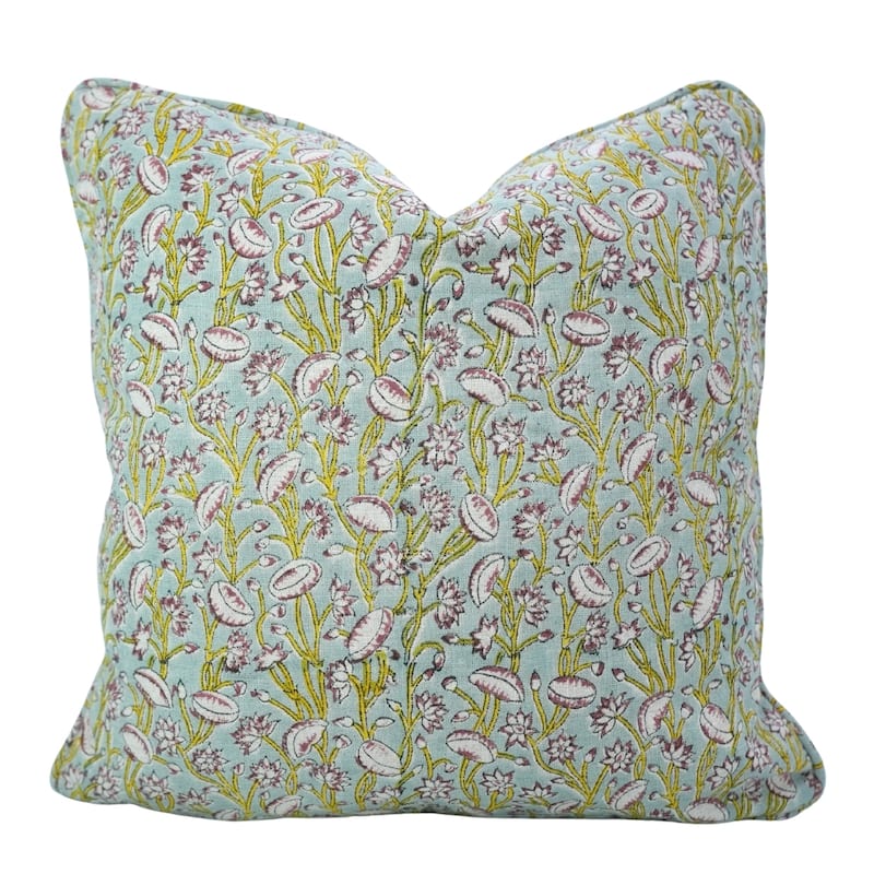 Fabdivine Handmade Floral Block Print Soft Pure Linen Fabric Pipine Pillow Cover Decorative Cushion Case