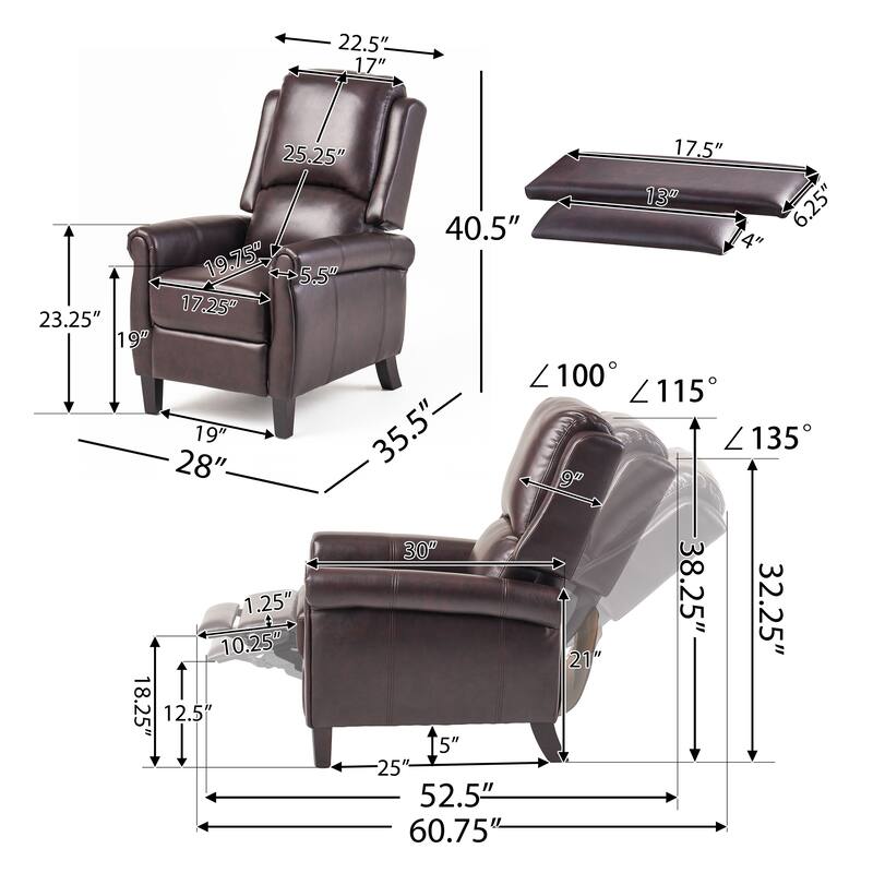 Manual Recliner Lounge Chair, Burgundy Brown Faux Leather Upholstery
