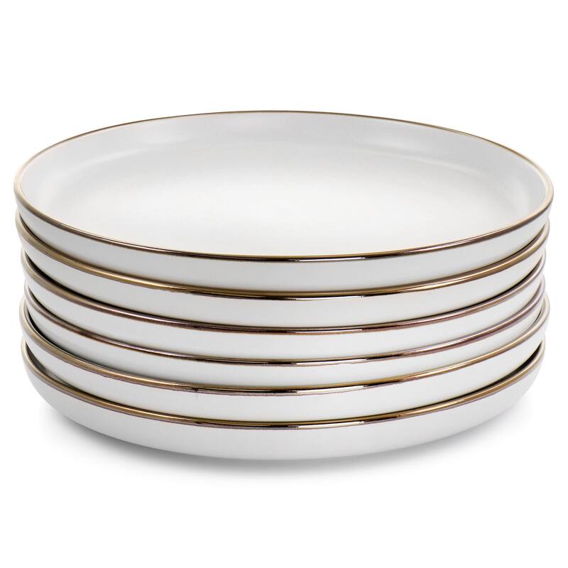 Elama Arthur 6 Piece Stoneware Dinner Plate Set in Matte White with Gold Rim - 10.75 Inches