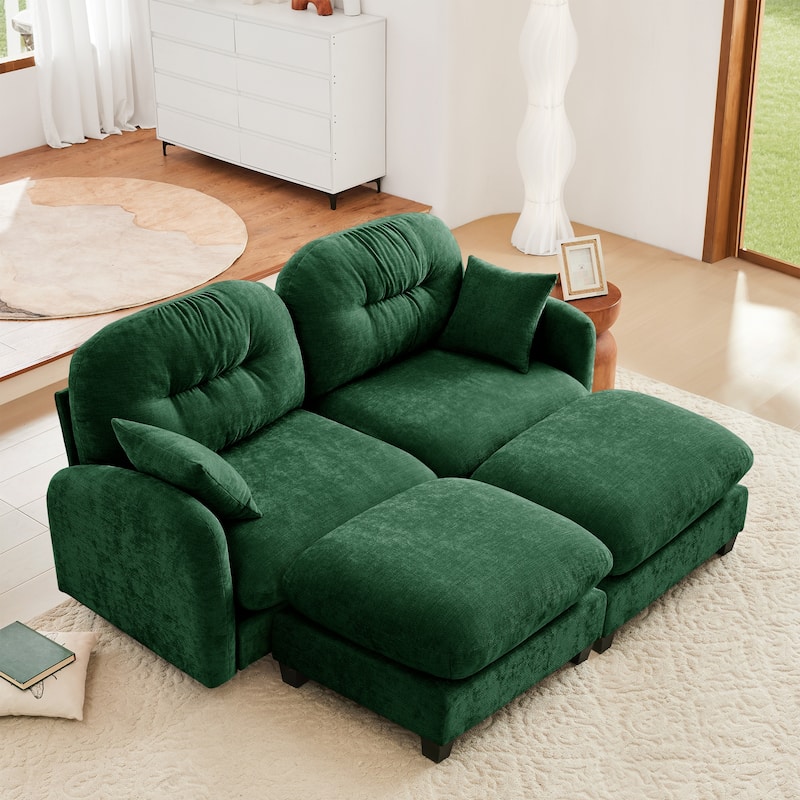 2 Seat Chenille Sofa Round Arms Sectional Sofa, Modern 74" Tufted Back Couch with Ottoman for Lving Room, Small Space - Green-2 Ottoman