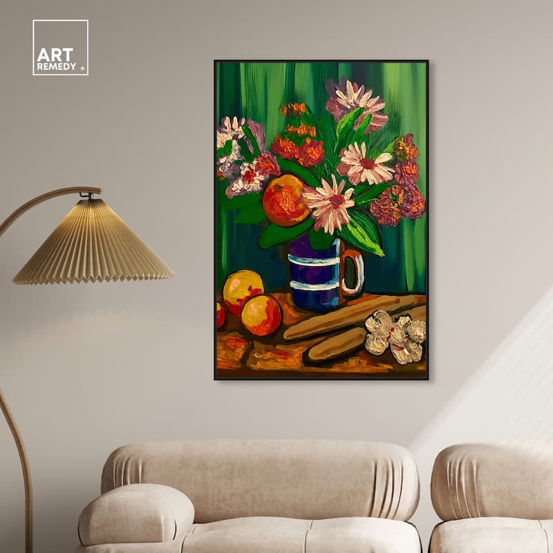 Art Remedy Floral Vase And Fruits Framed Flowers In Vase Paintings
