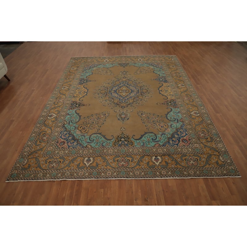 Hand Knotted Oriental 100% Wool Carpet Traditional Floral Brown Tabriz Area Rug - 12' 9'' X 9' 6''