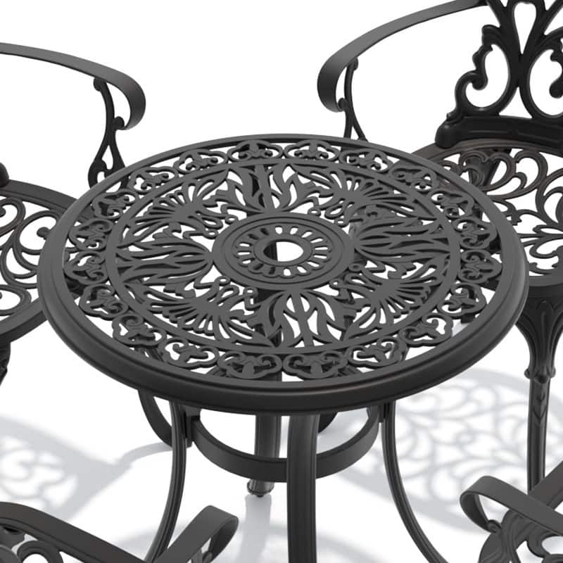 26.77 inch Black Round Cast Aluminum Patio Table with Umbrella Hole & Retro Design