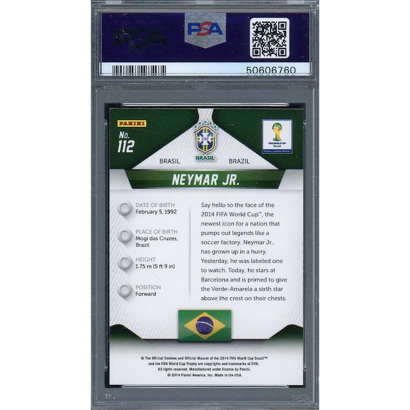 Neymar Jr 2014 Panini Prizm World Cup Card #112 PSA 9 - 8'6" x 11'6"