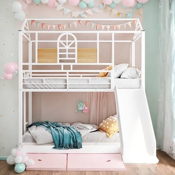 slide 2 of 13, Friendly Playhouse Design Twin Over Twin Metal Bunk Bed ,Metal Housebed With Slide,3 Colors Available White