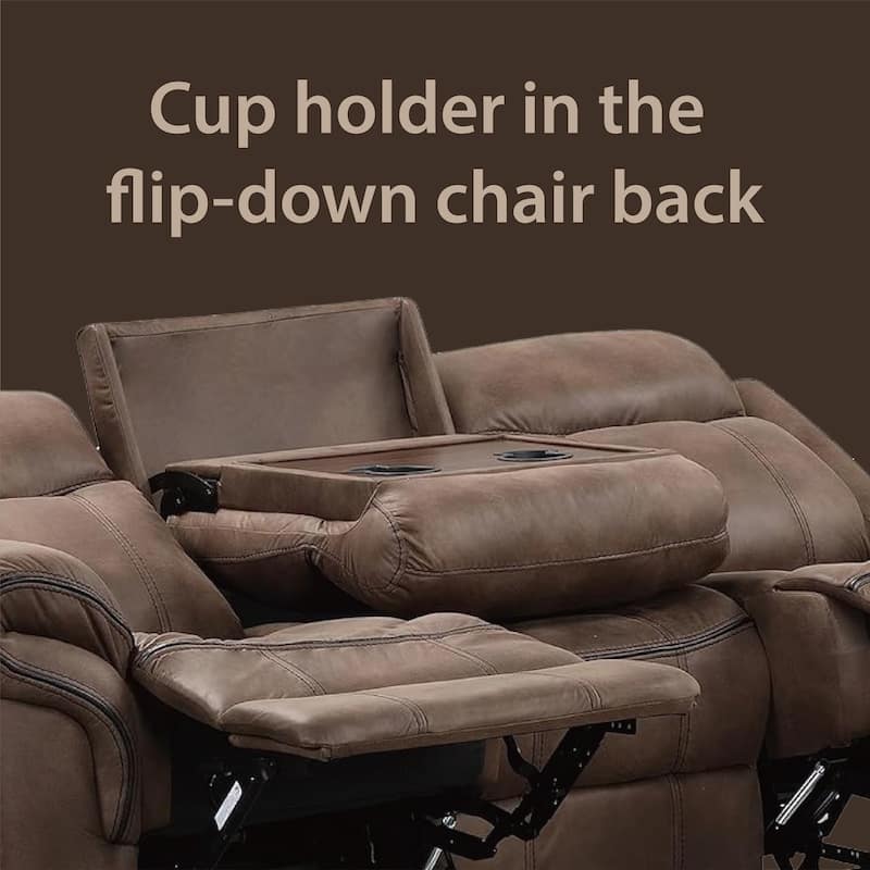 Verne Brown Manual Microsuede Reclining Sofa with Flip Down Cup Holders